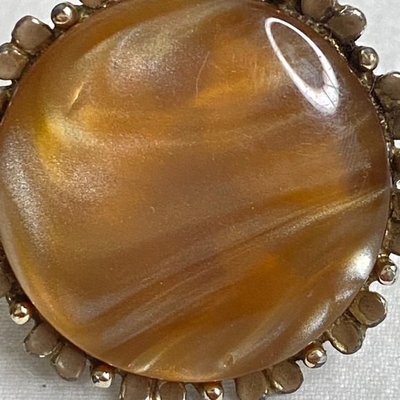 Signed Earrings Large Amber Stone Button Clip On - Picture 3 of 10